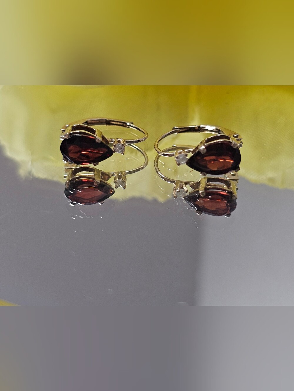 Vintage 10k Yellow Gold, Red Tourmaline and White Sapphire Leverbacks